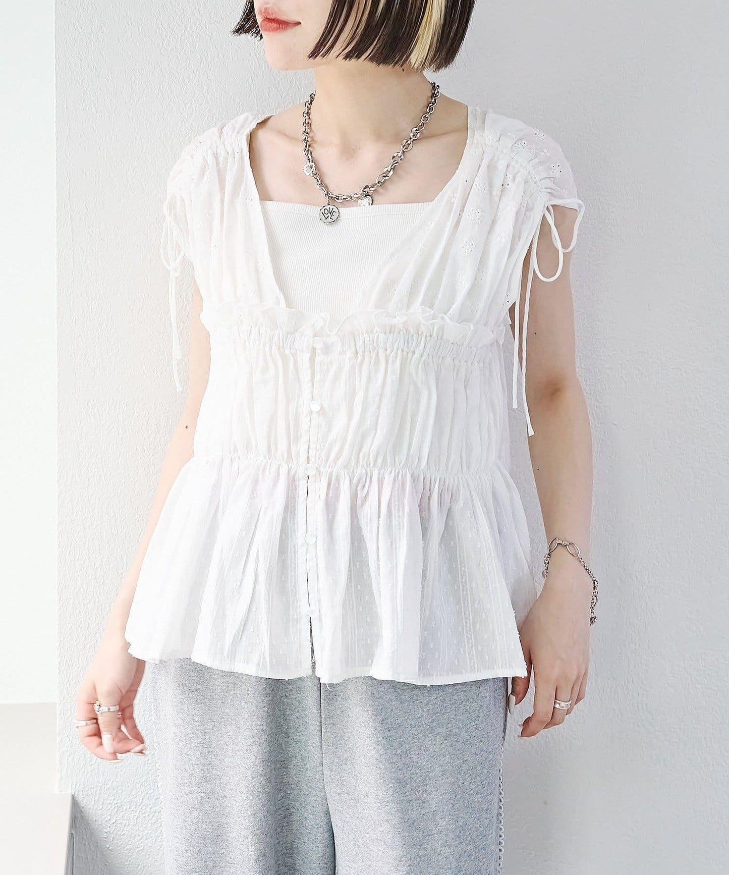 w closet 蕾絲拼接 抽繩 襯衫