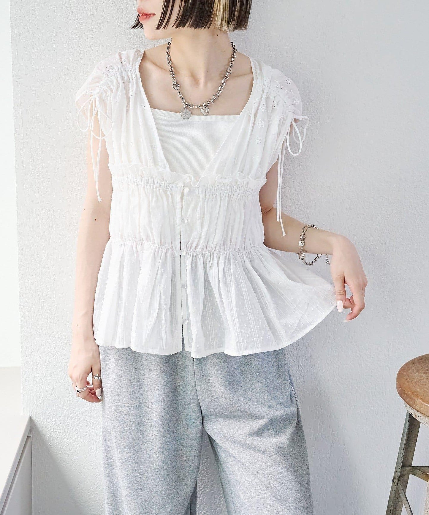 w closet 蕾絲拼接 抽繩 襯衫