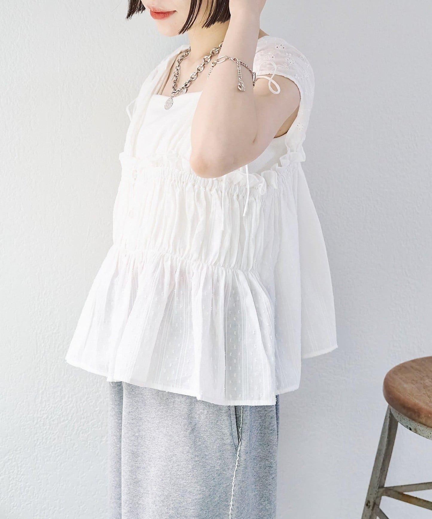 w closet 蕾絲拼接 抽繩 襯衫