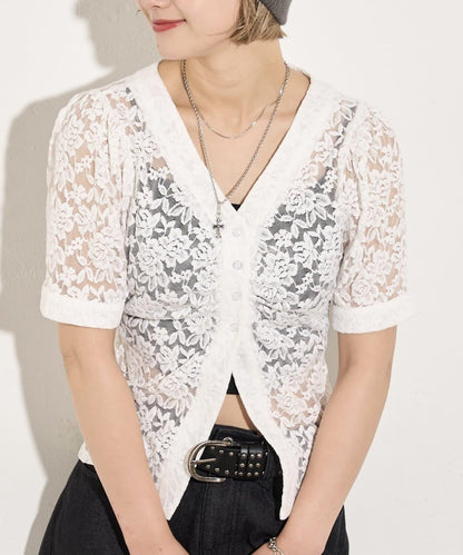 泡泡袖蕾絲V領短袖襯衫