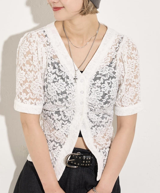泡泡袖蕾絲V領短袖襯衫
