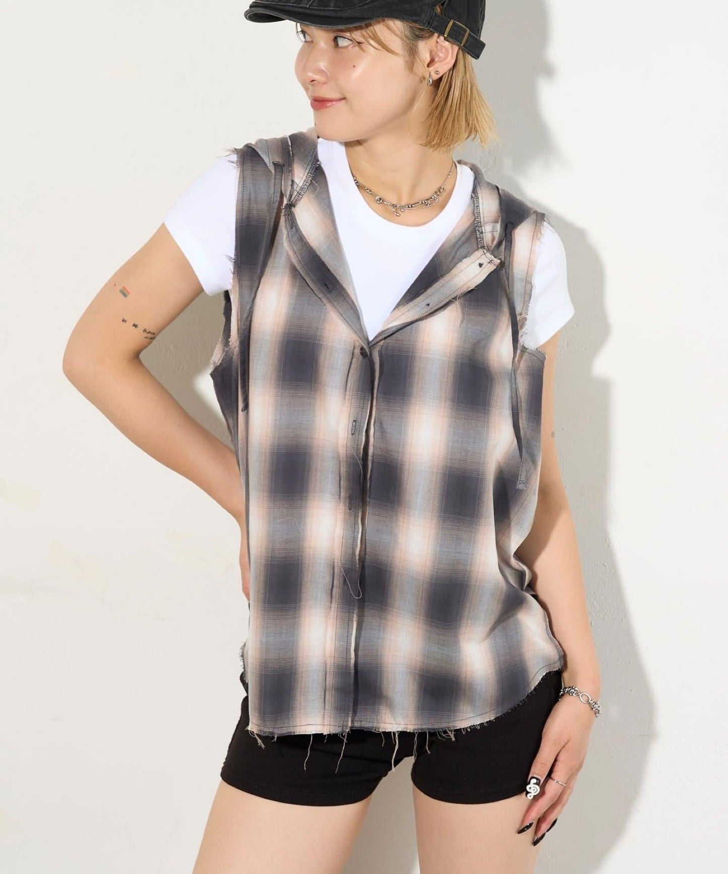 WHO'S WHO gallery 無袖格紋連帽襯衫