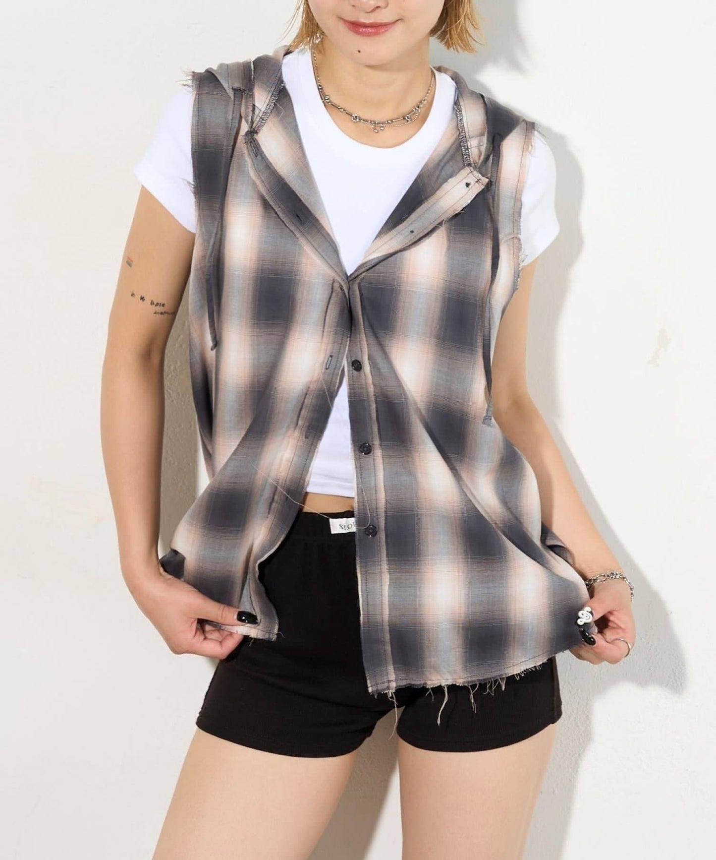 WHO'S WHO gallery 無袖格紋連帽襯衫