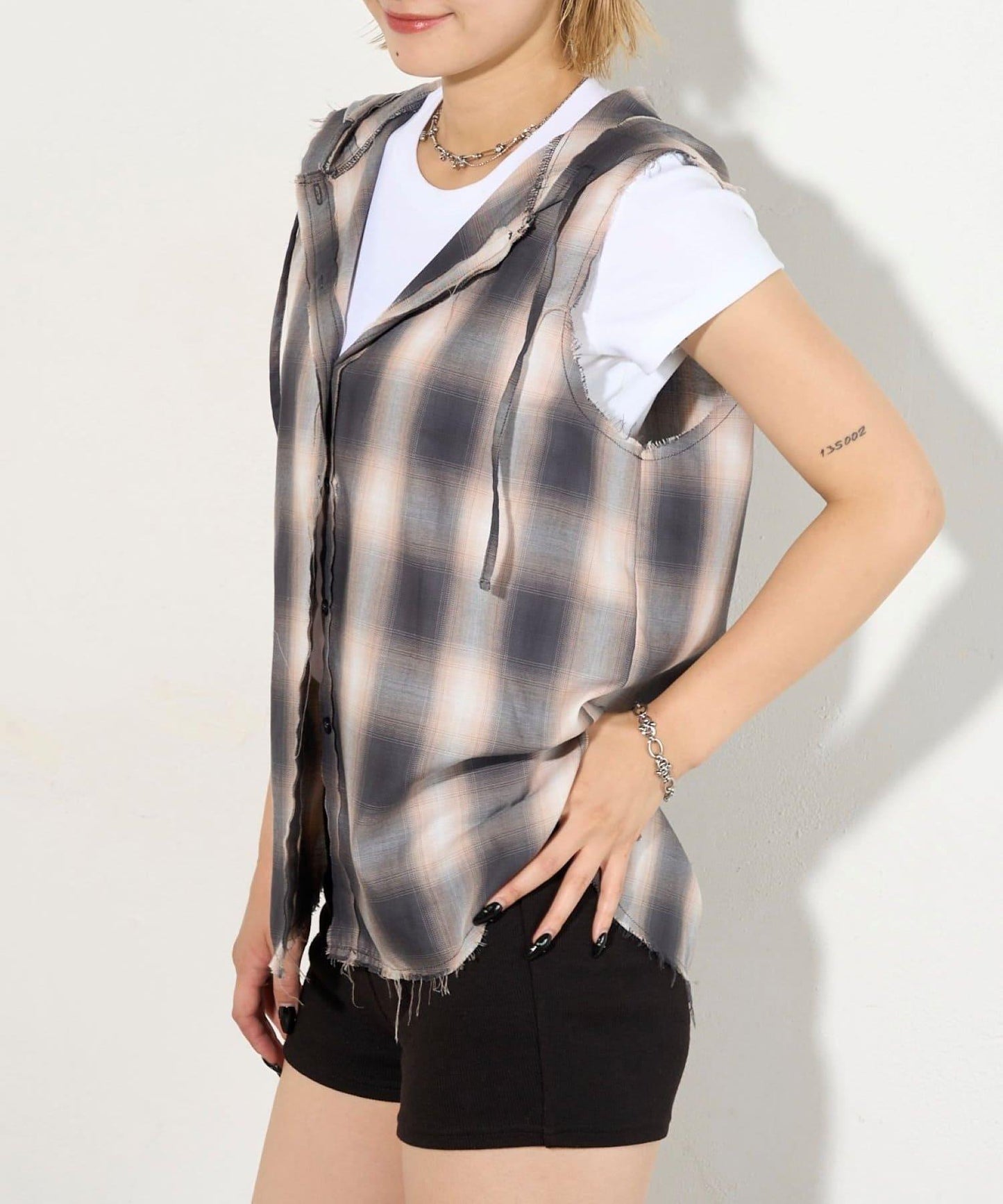 WHO'S WHO gallery 無袖格紋連帽襯衫