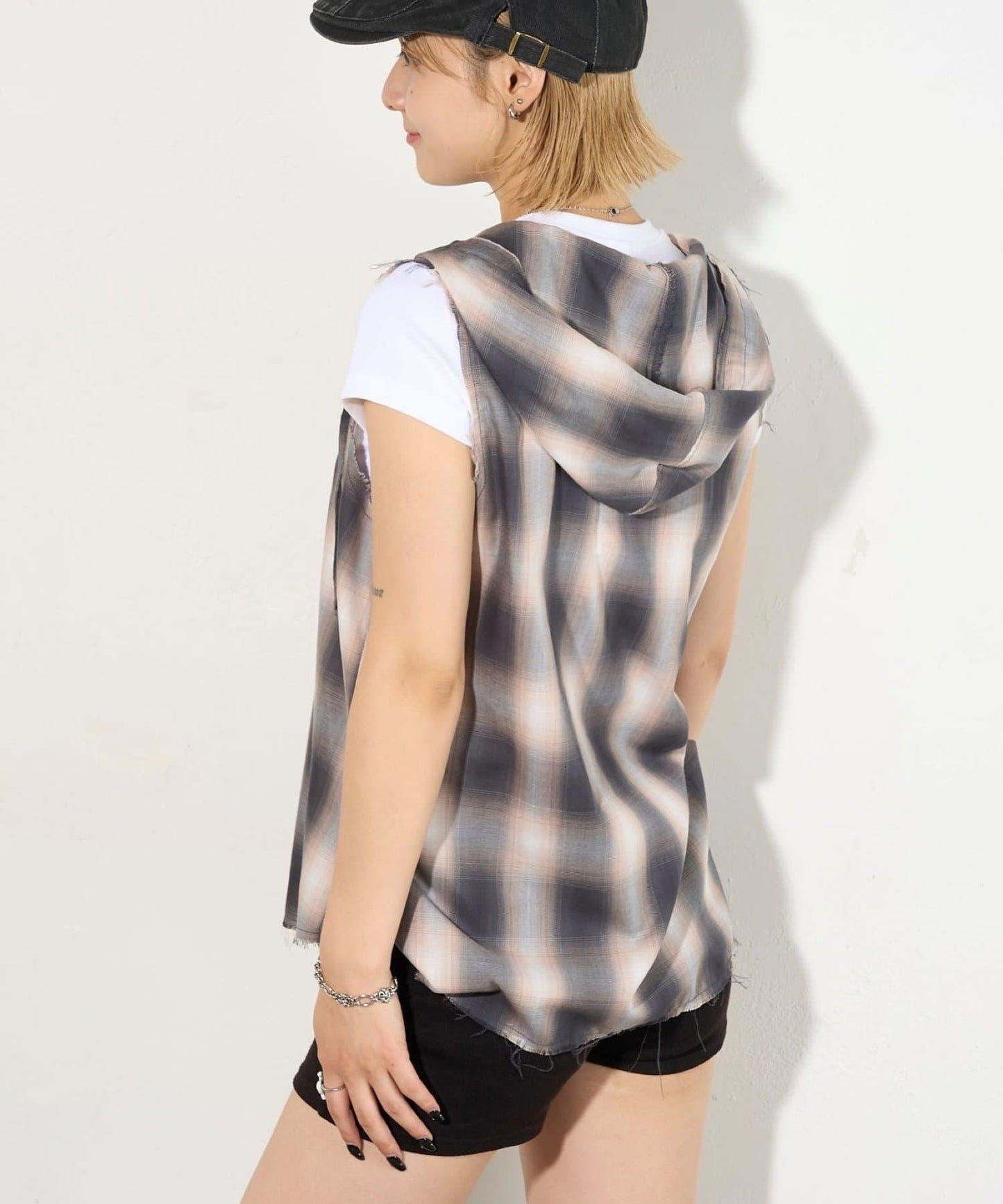 WHO'S WHO gallery 無袖格紋連帽襯衫