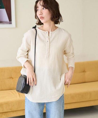 印度雙層紗 Henley紐扣 長袖 上衣