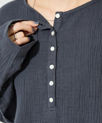 印度雙層紗 Henley紐扣 長袖 上衣