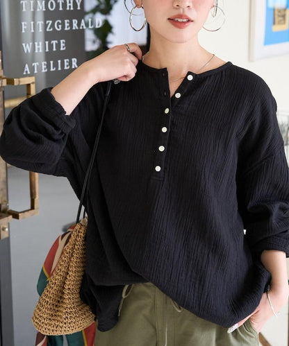 印度雙層紗 Henley紐扣 長袖 上衣