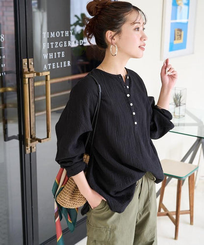 印度雙層紗 Henley紐扣 長袖 上衣