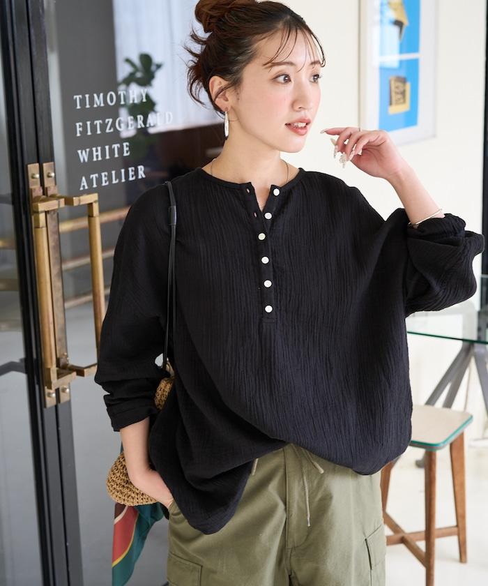 印度雙層紗 Henley紐扣 長袖 上衣