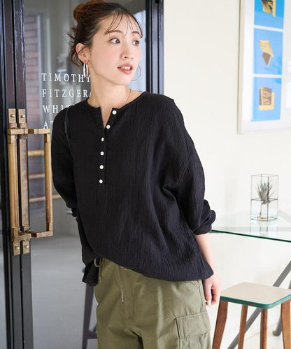 印度雙層紗 Henley紐扣 長袖 上衣