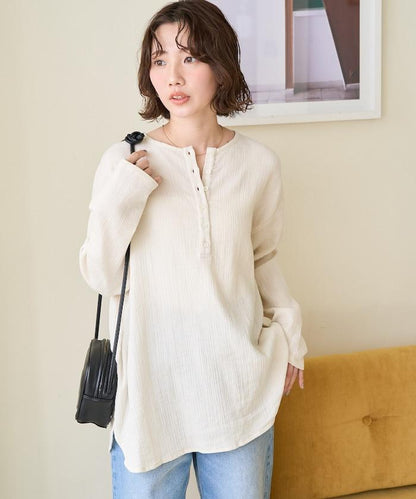 印度雙層紗 Henley紐扣 長袖 上衣