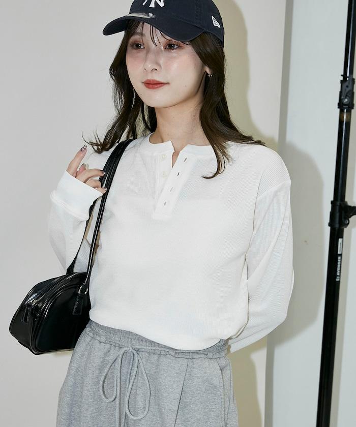 輕質華夫格亨利領長袖T恤