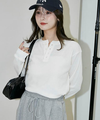 輕質華夫格亨利領長袖T恤