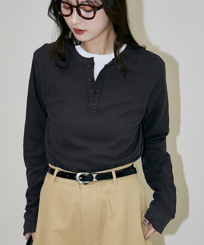 輕質華夫格亨利領長袖T恤