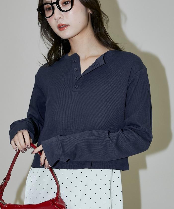 輕質華夫格亨利領長袖T恤