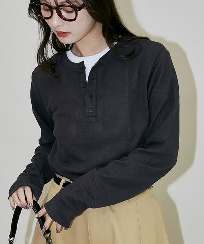 輕質華夫格亨利領長袖T恤