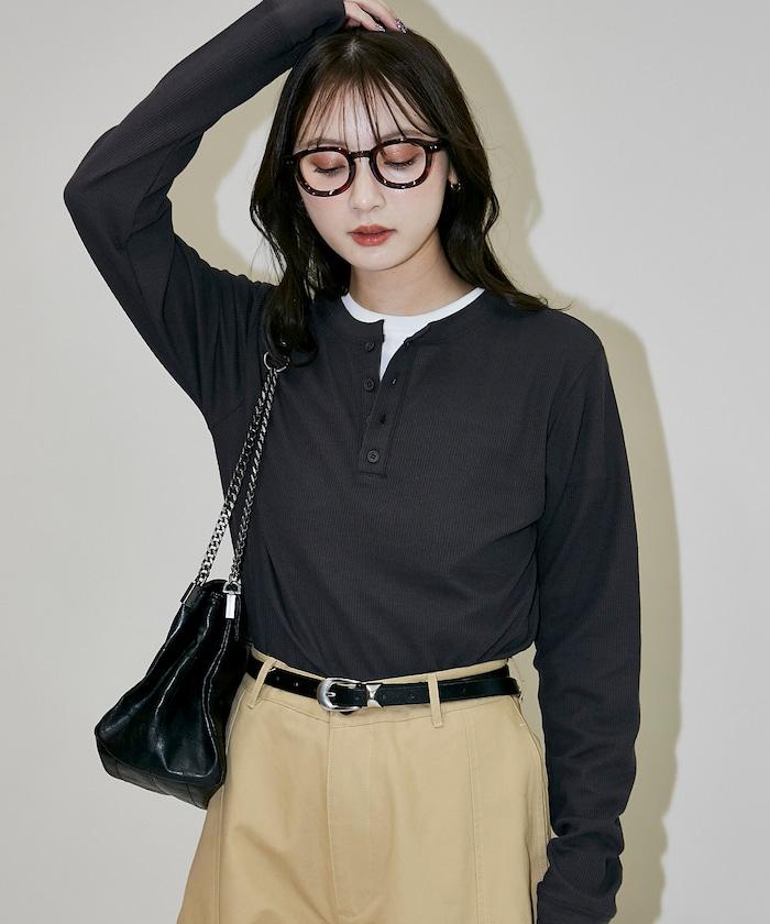 輕質華夫格亨利領長袖T恤