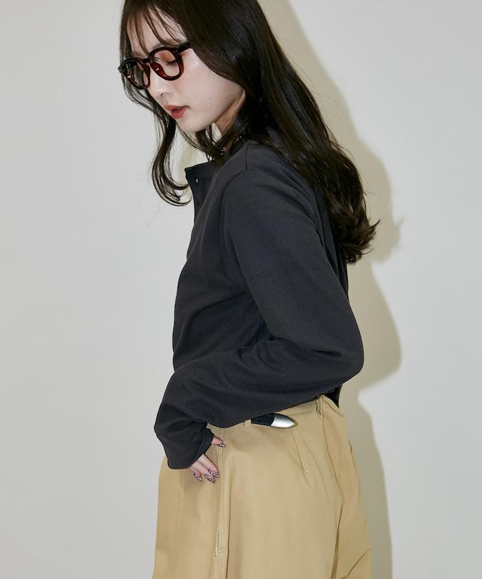 輕質華夫格亨利領長袖T恤