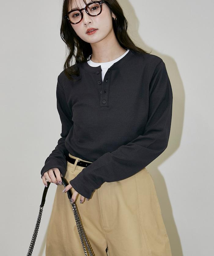 輕質華夫格亨利領長袖T恤