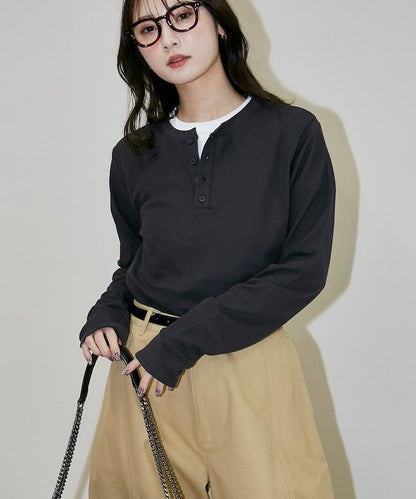 輕質華夫格亨利領長袖T恤