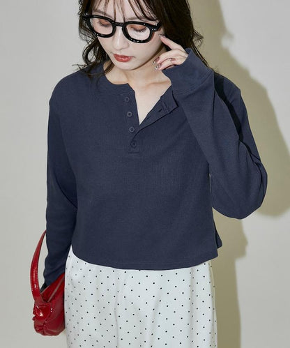 輕質華夫格亨利領長袖T恤