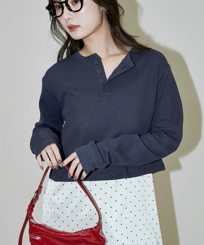 輕質華夫格亨利領長袖T恤