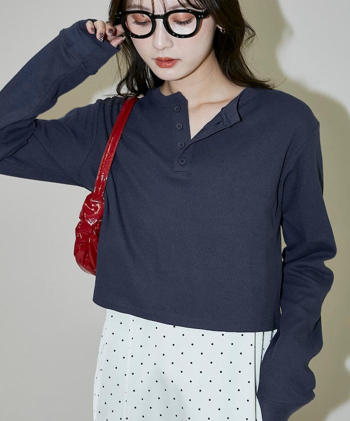 輕質華夫格亨利領長袖T恤