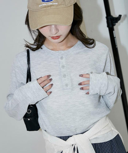 輕質華夫格亨利領長袖T恤