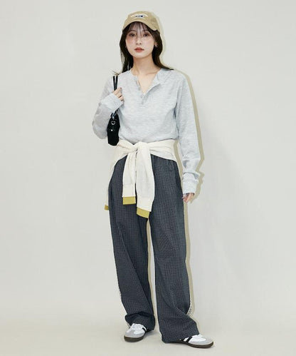 輕質華夫格亨利領長袖T恤