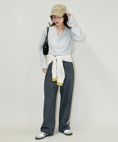 輕質華夫格亨利領長袖T恤