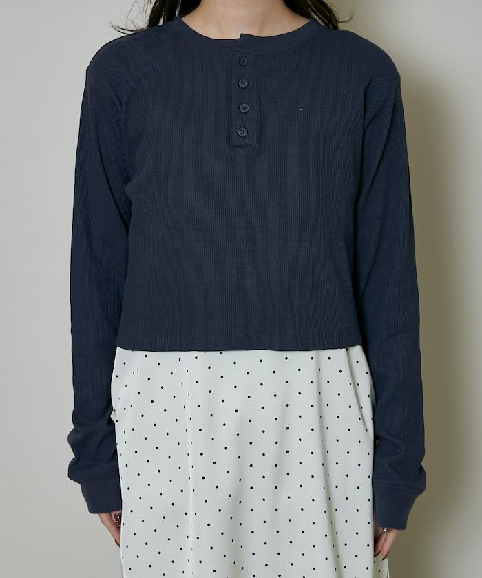 輕質華夫格亨利領長袖T恤