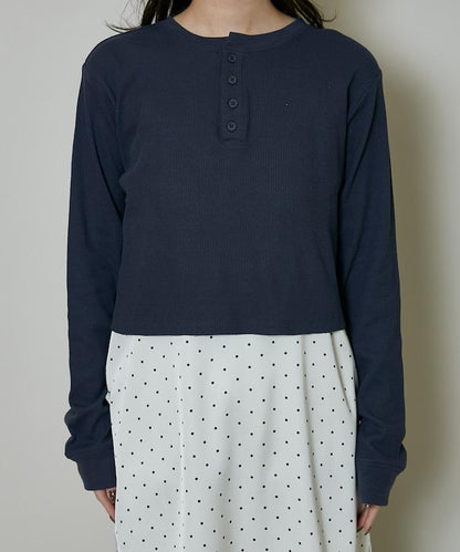 輕質華夫格亨利領長袖T恤