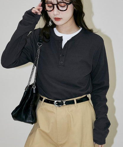 輕質華夫格亨利領長袖T恤