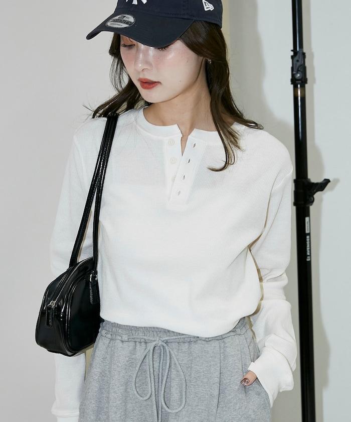 輕質華夫格亨利領長袖T恤