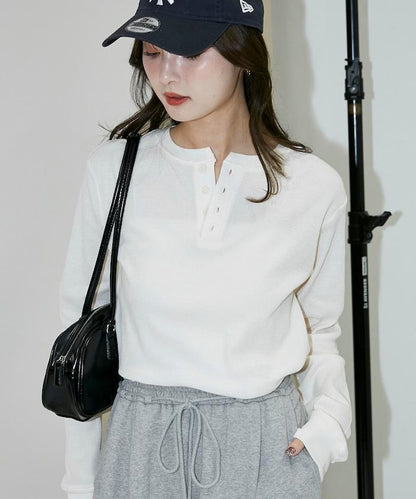 輕質華夫格亨利領長袖T恤