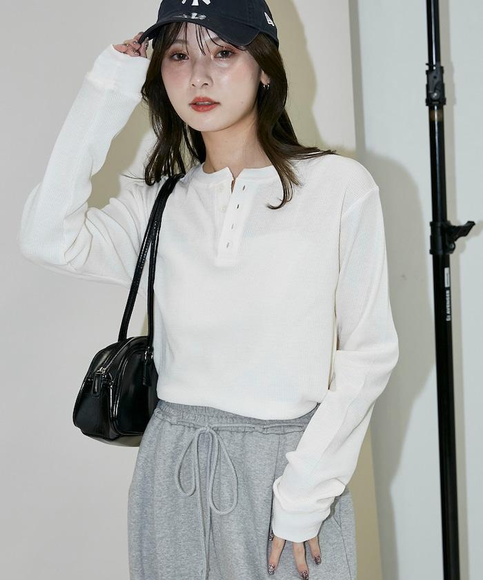 輕質華夫格亨利領長袖T恤