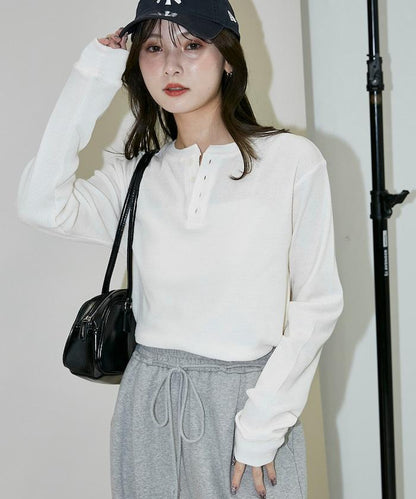 輕質華夫格亨利領長袖T恤