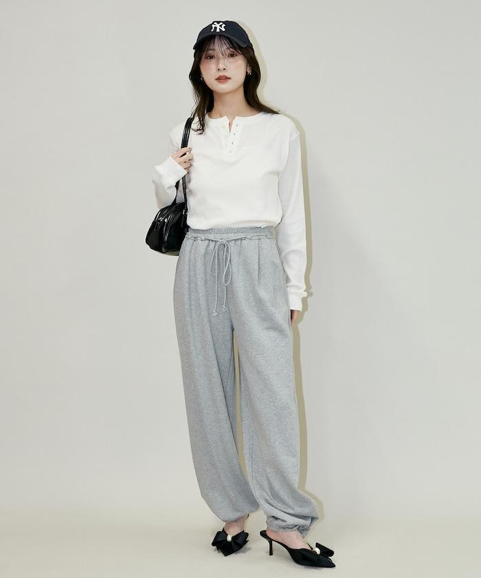 輕質華夫格亨利領長袖T恤