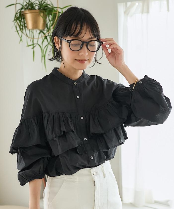 荷葉邊長袖印度薄紗女襯衫