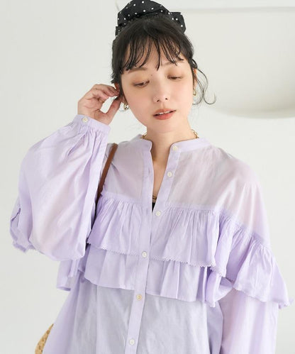 荷葉邊長袖印度薄紗女襯衫