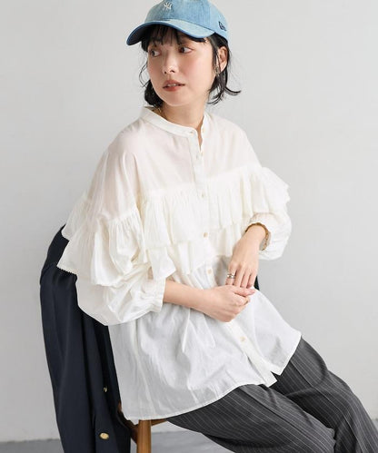 荷葉邊長袖印度薄紗女襯衫