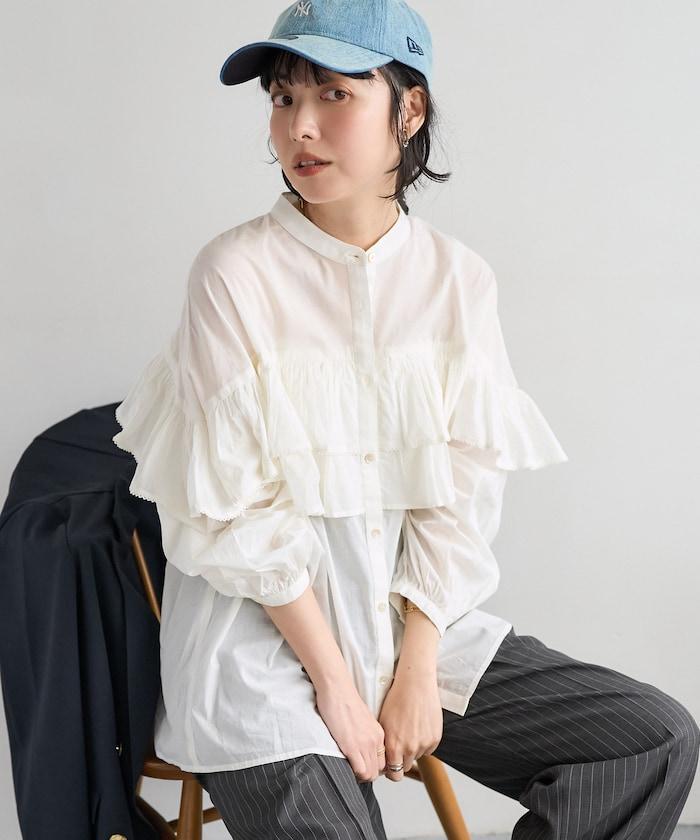 荷葉邊長袖印度薄紗女襯衫