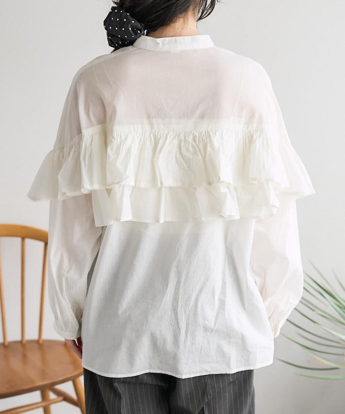 荷葉邊長袖印度薄紗女襯衫