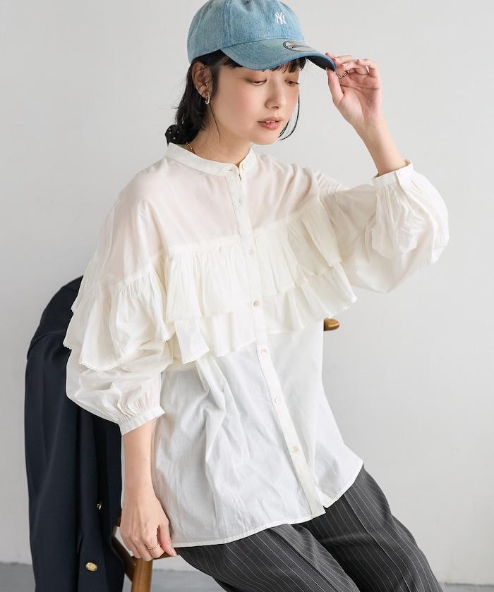 荷葉邊長袖印度薄紗女襯衫