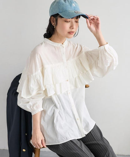 荷葉邊長袖印度薄紗女襯衫