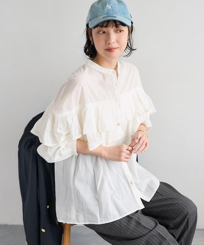 荷葉邊長袖印度薄紗女襯衫