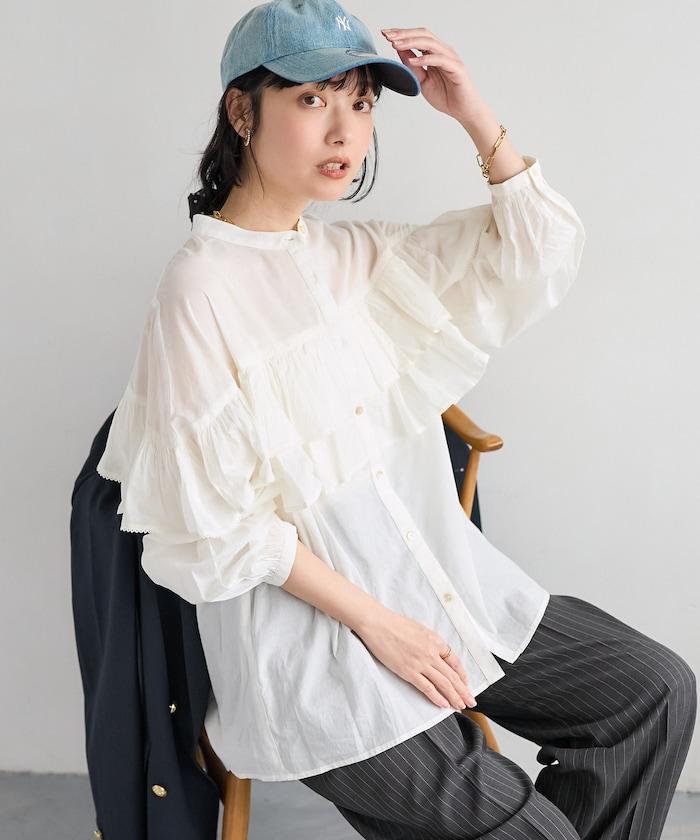 荷葉邊長袖印度薄紗女襯衫