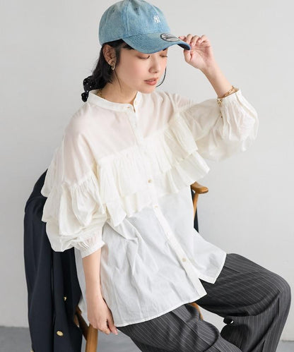 荷葉邊長袖印度薄紗女襯衫