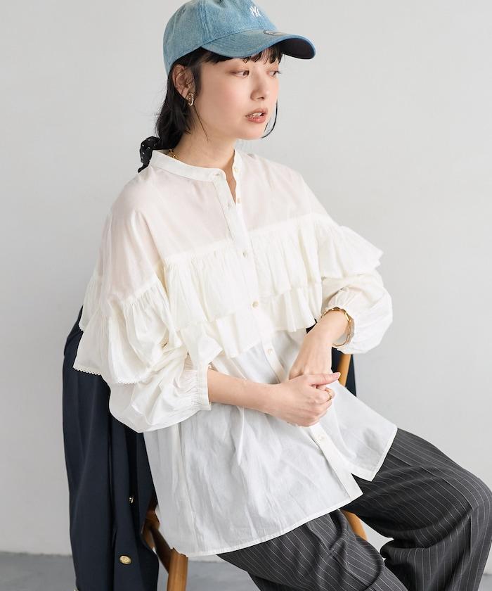 荷葉邊長袖印度薄紗女襯衫